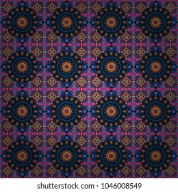 Abstract traditional seamless pattern with oriental elements in blue, gray and black colors. Classic round vintage pattern. Elegant vector ornament in classic style.