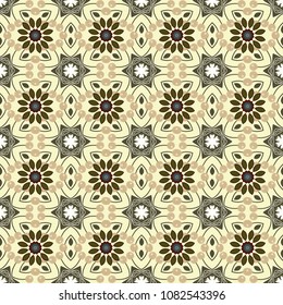 Abstract traditional seamless pattern with oriental elements in yellow, beige and green colors. Classic round vintage pattern. Elegant vector ornament in classic style.