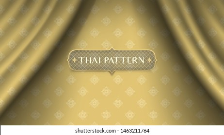 Abstract traditional Thai flower pattern on golden wave curtain background.