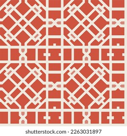Abstract Traditional Trellis Geometric Interior Pattern Ethnic Style Minimal Luxury Design Trendy Fashion Colors Perfect for Wall Paper or Allover Fabric Print Coral Background