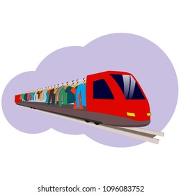 An abstract train that carries clothes hanging on hangers. A red high-speed train in the style of a flat carries clothes for fashion.