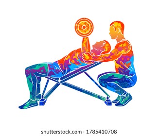 Abstract trainer helps a man to train his chest with dumbbells on the bench press from splash of watercolors. Vector illustration of paints