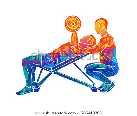 Abstract trainer helps a man to train his chest with dumbbells on the bench press from splash of watercolors. Vector illustration of paints