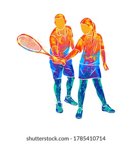 Abstract trainer helps a young woman do an exercise with a racket on her right hand in squash from splash of watercolors. Squash game training. Vector illustration of paints