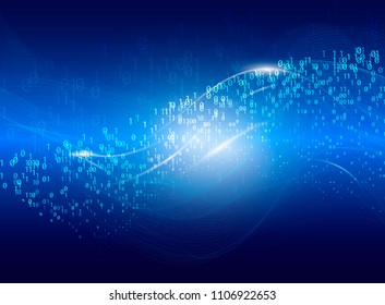 Abstract transforming virtual space. Futuristic vector illustration of binary code particles and neon glowing cyber wave. Big data structure. Internet or cyberspace technology concept. Neural network.