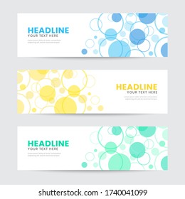 Abstract Transparent Circle Element Banner Template. Spread and Random Layout. Blue, yellow, green. Vector Illustration. Invitation, greeting, promotional design for banner, cover, poster, any media.