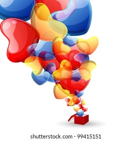 Abstract transparent colorful heart shapes coming out from a red color gift box,  isolated on white background. EPS 10 Vector illustration.