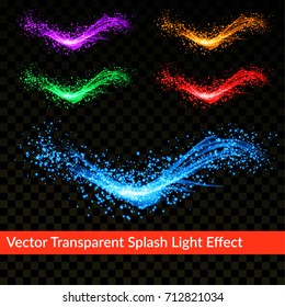 Abstract transparent colorful splash light effect with glowing particles. Bright realistic Swoosh glitter liquid wave line template. Vector illustration