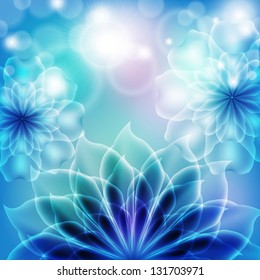 Abstract transparent flowers against the sky with patches of sunlight