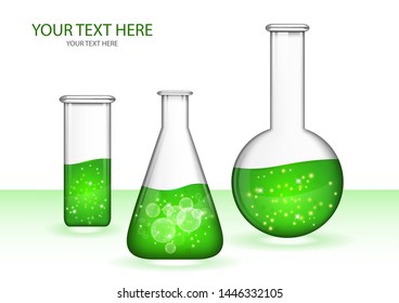 Abstract transparent glass flasks with liquid isolated on white background. Chemical and biological experiments. Vector illustration for your design.