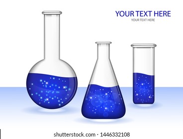 Abstract transparent glass flasks with liquid isolated on white background. Chemical and biological experiments. Vector illustration for your design.