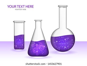 Abstract transparent glass flasks with liquid isolated on white background. Chemical and biological experiments. Vector illustration for your design.