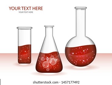 Abstract transparent glass flasks with liquid isolated on white background. Chemical and biological experiments. Vector illustration for your design.