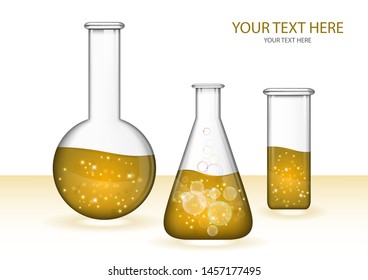 Abstract transparent glass flasks with liquid isolated on white background. Chemical and biological experiments. Vector illustration for your design.