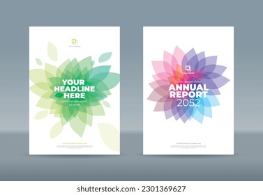 Abstract transparent green blue magenta purple flower petals on white background. A4 size book cover template for annual report, magazine, booklet, proposal, portfolio, brochure, poster