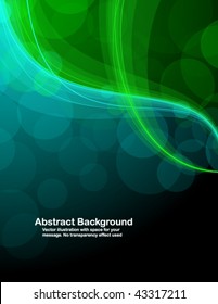 Abstract transparent green and blue waves on black background. Vector illustration in RGB colors