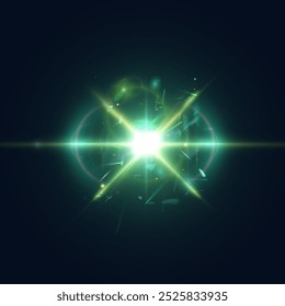 Abstract transparent green light effect with sparks and glitter for web design isolated on dark background. Vector 10 EPS	
