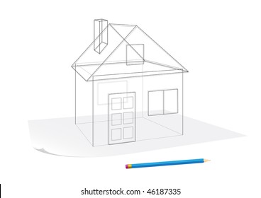 Abstract transparent house sketch drawing with pen on a paper