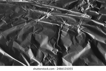 Abstrakte durchsichtige Plastikfolie mit faltiger Textur auf schwarzem Hintergrund. Vektorillustration für Vinyl, Textur-Overlay-Effekt einer alten Hülle mit Defekten und Abnutzungen. Zerknitterte, zerrissene und alte Verpackung.