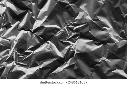 Abstract transparent plastic wrap wrinkled texture on black background. Vector illustration for vinyl, texture overlay effect of an old cover with defects and scuffs. Wrinkled, torn and old packaging.