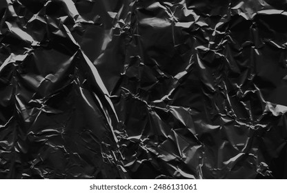 Abstrakte durchsichtige Plastikfolie mit faltiger Textur auf schwarzem Hintergrund. Vektorillustration für Vinyl, Textur-Overlay-Effekt einer alten Hülle mit Defekten und Abnutzungen. Zerknitterte, zerrissene und alte Verpackung.