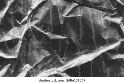 Abstract transparent plastic wrap wrinkled texture on black background. Vector illustration for vinyl, texture overlay effect of an old cover with defects and scuffs. Wrinkled, torn and old packaging.