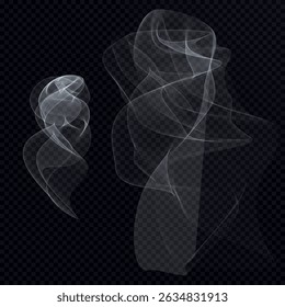 Abstract transparent smoke and soft veil swirls with blue and yellow glow on a dark checkered background. Realistic airy texture with smooth curved lines and glowing waves
