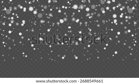 Abstract transparent snowfall overlay, winter background template. Falling snow, particles bokeh, light effect, background for weather. Freeze, frost, blizzard.