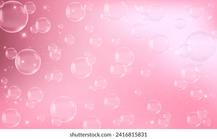 Abstract transparent soap bubbles on pink background. Bubbles floating in air. Circles Bubbles. Celebration festive romance, Valentines Day, Mother's Day, wedding anniversary, invitation. Vector EPS10