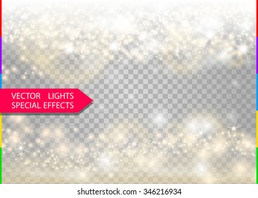 Abstract transparent sparkle glow light effect. Fray Christmas light white and golden design.