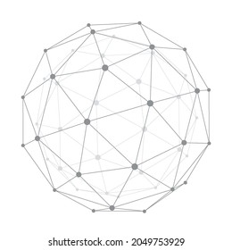 Abstract Transparent Wireframe Triangulated Sphere. Low Poly Spherical Object with Gray Connected Lines and Dots. Cybernetic Shape with Grid and Transparent Lines