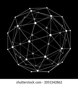 Abstract Transparent Wireframe Triangulated Sphere. Low Poly Spherical Object with Connected Lines and Dots. Cybernetic Shape with Grid and Transparent Lines on Black Background