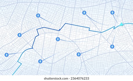 Resumen de antecedentes de transporte con POI. Ubicación de la estación de carga del EV. Ruta girada, etiqueta de destino. Ilustración vectorial. Vista superior de la ciudad, mostrando la navegación GPS. Destino múltiple