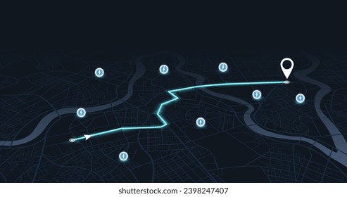 Resumen de antecedentes de transporte con POI. Ruta girada, etiqueta de destino. Recargando la red de cargadores de coches eléctricos cargador de la estación de energía EV, mostrando la navegación GPS. Ruta de seguimiento, vector