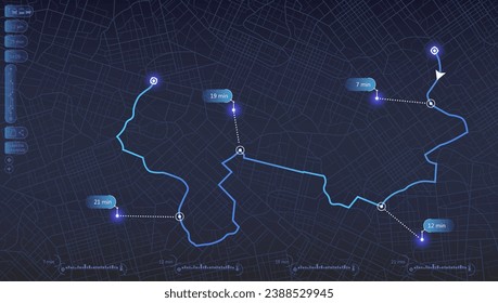 Abstract transportation background with POI. Transportation-related designs, promotional materials. Establishments, gas stations, parks, restaurants. Streets, blocks, route for movement on the streets
