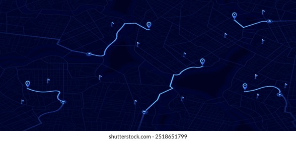 Abstract transportation background. Track navigation pins on street maps, position pin. Isometric Gps map navigation to own pin. City top view. Vector illustration