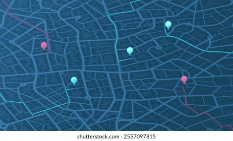 Abstract transportation background. Track navigation pins on street maps, position pin. Isometric Gps map navigation to own pin. City top view. Vector illustration