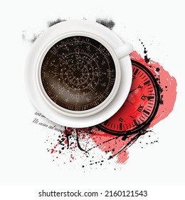 Abstract trash polka background with watch, grunge splash and coffee cup