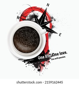 Abstract trash polka background with windrose, grunge splash and morning coffee. Abstract magic symbols in cup of beverage