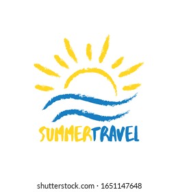Abstract travel agency logo template. Sun with sea waves in sketchy hand drawn style. Sunrise vacation, holiday logotype.