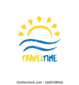 Abstract travel agency logo template. Sun with sea waves in sketchy hand drawn style. Sunrise vacation, holiday logotype.