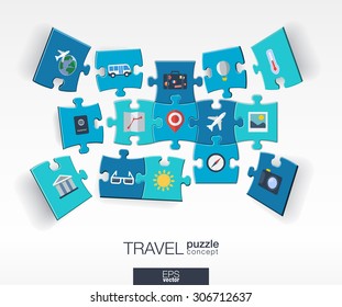 Abstract travel background with connected color puzzles, integrated flat icons. 3d infographic concept with Airplan, luggage, summer, tourism pieces in perspective. Vector interactive illustration.