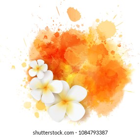 Abstract travel background with  frangipani tropical flowers on colorful watercolor splash. Bright orange colored.