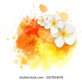 Abstract travel background with plumeria flowers on colorful watercolor splash