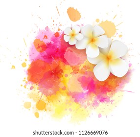 Abstract travel background with plumeria flowers on colorful watercolor splash