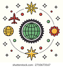 Viajes Abstractas e iconos celestiales en un patrón circular Palabras claves: viaje, avión, globo