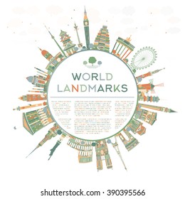 Abstract travel concept around the world with famous international landmarks. Vector illustration with copy space. Business or tourism travel concept with place for text. Illustration for banner