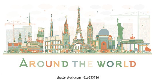 Abstract Travel Concept Around the World with Famous International Landmarks. Vector Illustration. Business and Tourism Concept. Image for Presentation, Placard, Banner or Web Site.