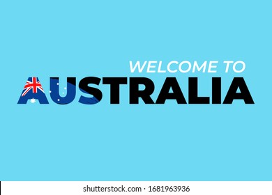 Concepto de viaje abstracto para logo, icono, afiche, banner, bandera de diseño o impresión en pantalones. Bienvenidos a la fuente Australia con la bandera nacional australiana apoplado en fondo azul. Ilustración del vector