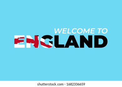 Abstract travel concept for logo, icon, poster, banner, design flag or t-shirt print. Welcome to England font with national flag stroke on blue background. Vector illustration